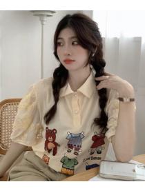 Korean Style age-reducing all-match lapel graphic print lace puff sleeve T-shirt top