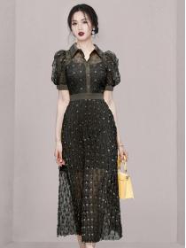 Elegant Long Lace Pleated Dress with Embroidery Design Dress