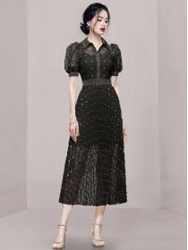 Elegant Long Lace Pleated Dress with Embroidery Design Dress