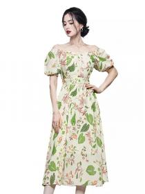 Chiffon French Light  Two-Wear Puff Sleeves Floral Waist Long  Dress