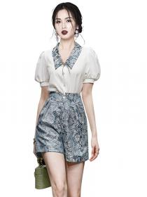 Casual Fashion Shirt Collar Puff Sleeve Top + Retro Jacquard Shorts Set