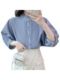 Summer blue /white plaid top Vintage style stand collar shirt