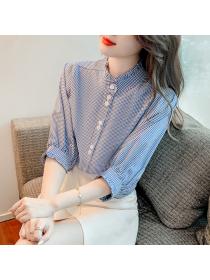 Summer blue /white plaid top Vintage style stand collar shirt