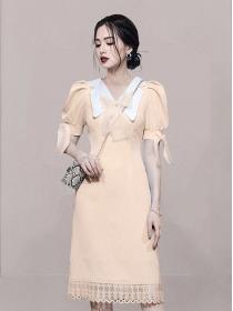 Temperament V-neck bow puff sleeves waist lace hollow dress