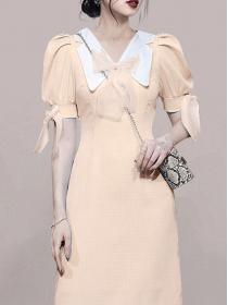 Temperament V-neck bow puff sleeves waist lace hollow dress