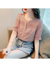 Lace jacquard V-neck short-sleeved breathable casual blouse