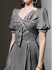Temperament plaid short-sleeved fashion asymmetric bow waist slim dress
