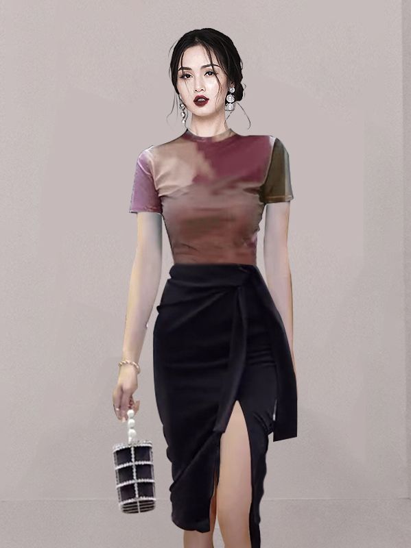 Korean Style  Printing Stand Collars Top+Open Fork Slim Skirt