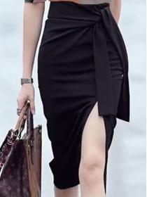 Korean Style  Printing Stand Collars Top+Open Fork Slim Skirt 