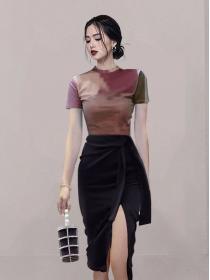 Korean Style  Printing Stand Collars Top+Open Fork Slim Skirt 