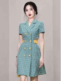 On  Sale Doll Collars Grid Printing Show Waist Dress