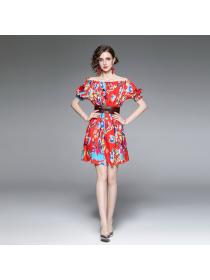 Outlet Summer new temperament elegant fashion loose dress short sleeve off shoulder neck dress
