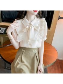 Women's summer stand-up collar ruffled shirt chic short-sleeved top