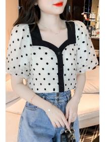 Vintage style square collar polka dot shirt women's summer puff sleeves shirt 