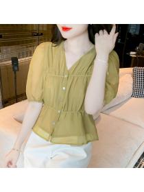 Vintage style square collar polka dot shirt women's summer puff sleeves shirt 