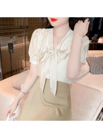 Summer style women's v-neck short-sleeved bow shirt women's temperament top