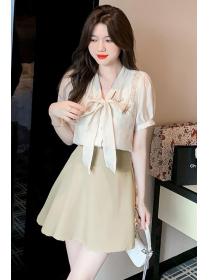 Summer style women's v-neck short-sleeved bow shirt women's temperament top
