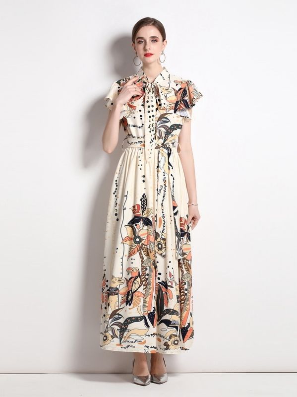 Sleeveless Long Personalized Vintage Print A-Line Dress with Tie Neckline Dress