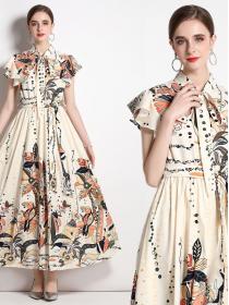 Sleeveless Long Personalized Vintage Print A-Line Dress with Tie Neckline Dress 
