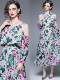 Off-the-shoulder halter top maxi skirt print suit two-piece Dress