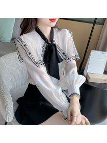 New style Korean fashion navy tie bow ladies temperament shirt 