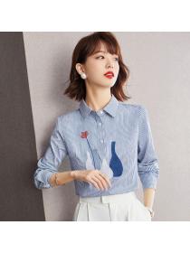 Autumn blue striped simple top loose embroidered shirt chiffon shirt
