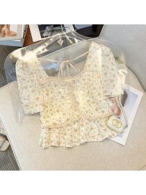 Summer new style floral shirt women's square collar top