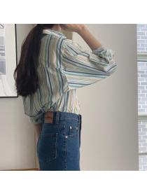 On Sale Stripe Color Matching Blouse 