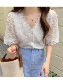 V  Collars  Elegant Simple French Solid Color Lace Shirt