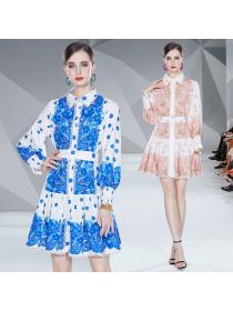 Fashion style Printed Lace European fashion Long Sleeve Dress
