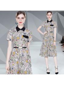 Fashion style Slim Short Sleeve Mid Waist Print Dress