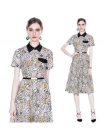 Fashion style Slim Short Sleeve Mid Waist Print Dress