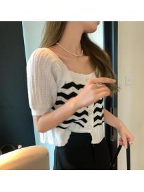 Square Neck Short Sleeve Knit Sweater Small Fragrance Design  Top
