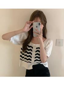 Square Neck Short Sleeve Knit Sweater Small Fragrance Design  Top