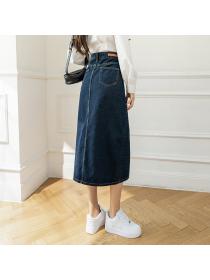 High waist slit skirt temperament matching straight denim skirt