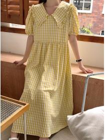 Korean Style Lace Up Grid Printing Dress 