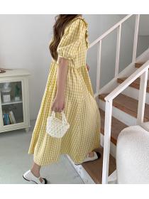 Korean Style Lace Up Grid Printing Dress 