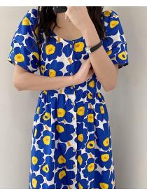 Korean Style Lace Up Floral Printing Dress 