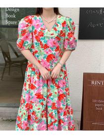 Korean Style Puff Sleeve Floral Printing Dress