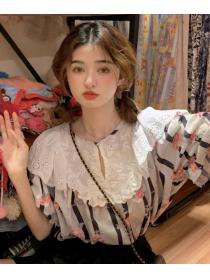 Heavy Industry Embroidered Doll Collar Puff Sleeve Short Shirt