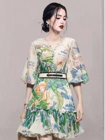 Elegant temperament retro lantern sleeve waist slim print dress