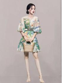Elegant temperament retro lantern sleeve waist slim print dress