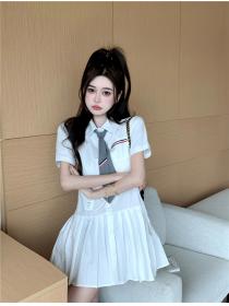 Japanese style Fashion White Shirt Summer pleated A-line dress