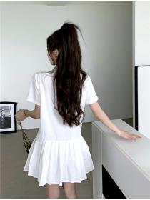 Japanese style Fashion White Shirt Summer pleated A-line dress 