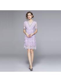 On sale lace V-neck puff sleeve flower embroidery dress A-line princess dress