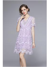 On sale lace V-neck puff sleeve flower embroidery dress A-line princess dress