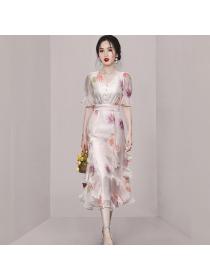 Korean fashion temperament V-neck print ruffled mid-length dress