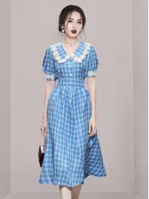 Lace Puff Sleeve Top High Waist Skirt Plaid Suit