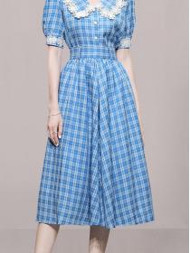 Lace Puff Sleeve Top High Waist Skirt Plaid Suit