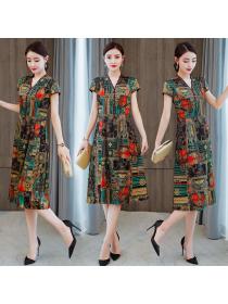 Vintage style V-neck temperament mulberry silk cheongsam print dress